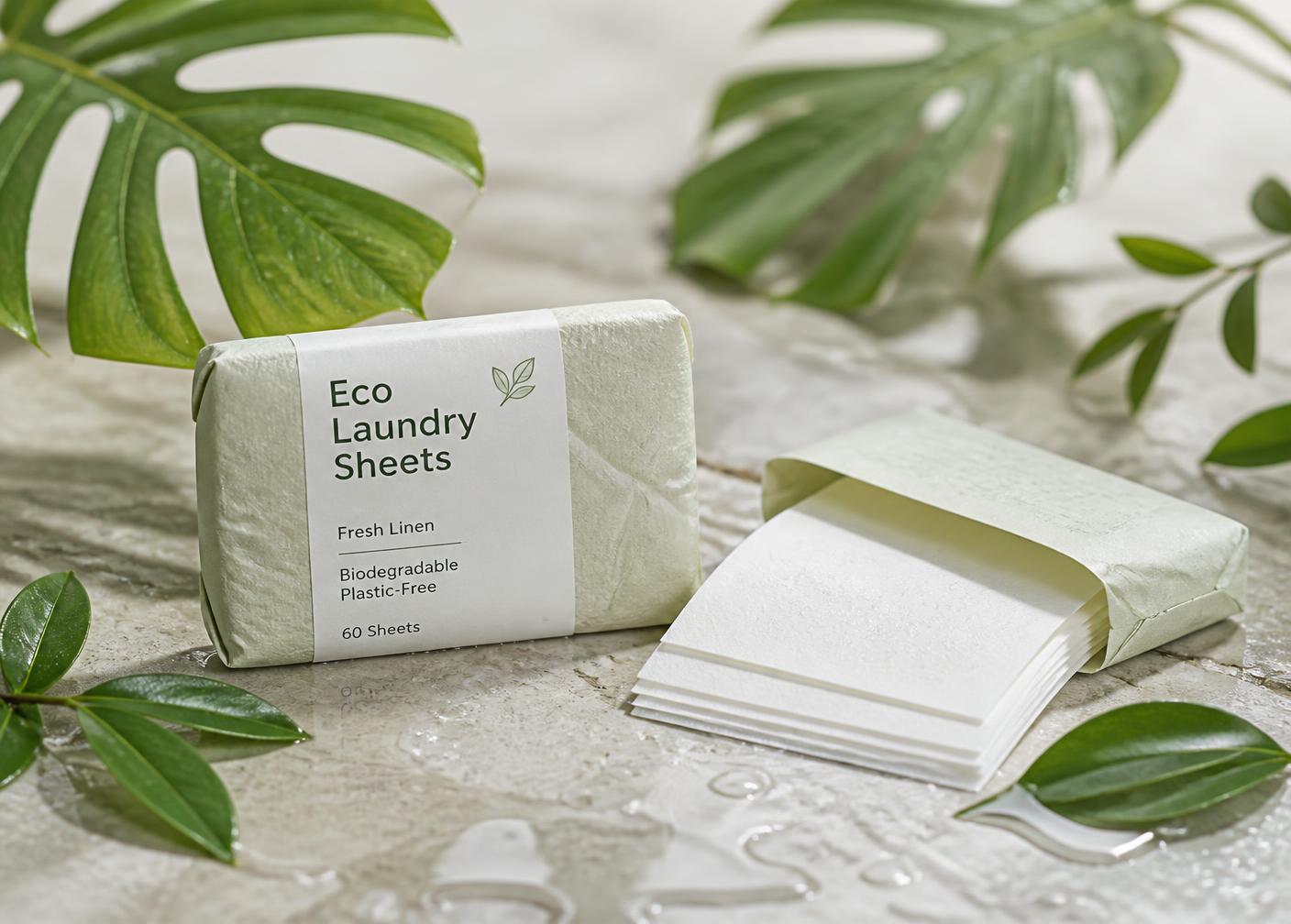 Biodegradable plastic-free laundry sheets in paper packaging with green leaves