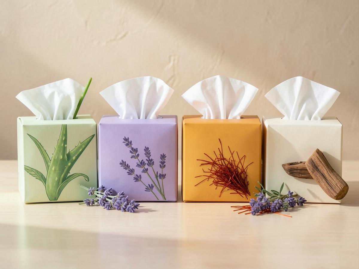 Four facial tissue boxes infused with aloe vera, lavender, saffron and sandalwood botanicals