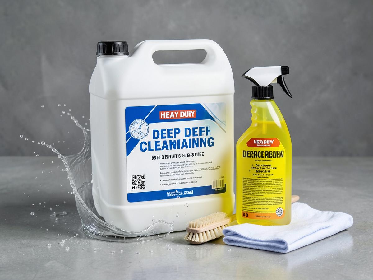 White jerrycan and yellow spray bottle of heavy-duty deep cleaner with brush and cloth
