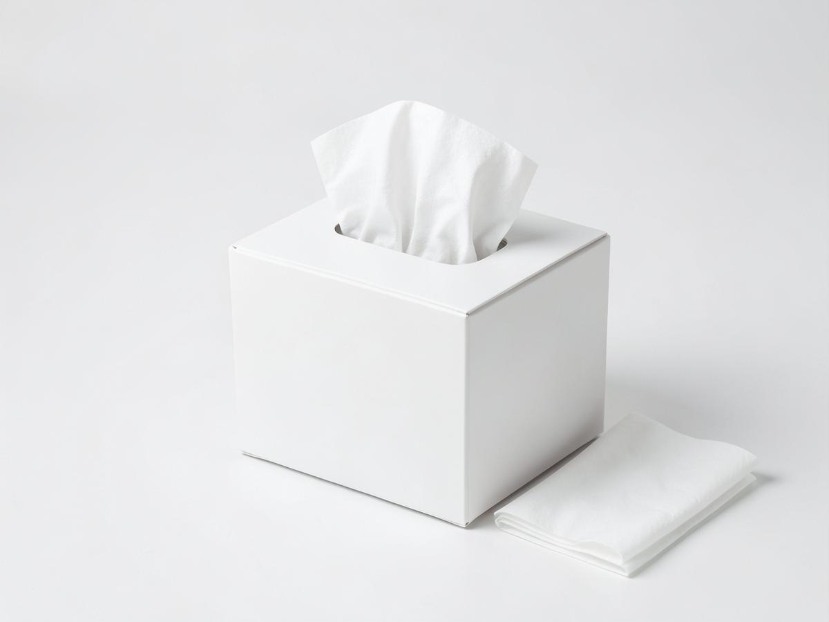 White cube tissue box with a soft facial tissue pulled out