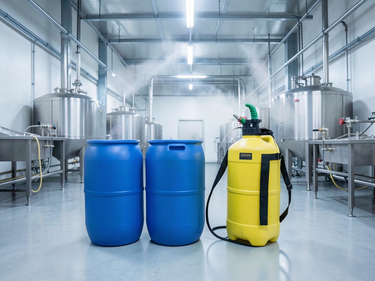 Blue chemical drums and a knapsack fogging sprayer inside a food-processing plant
