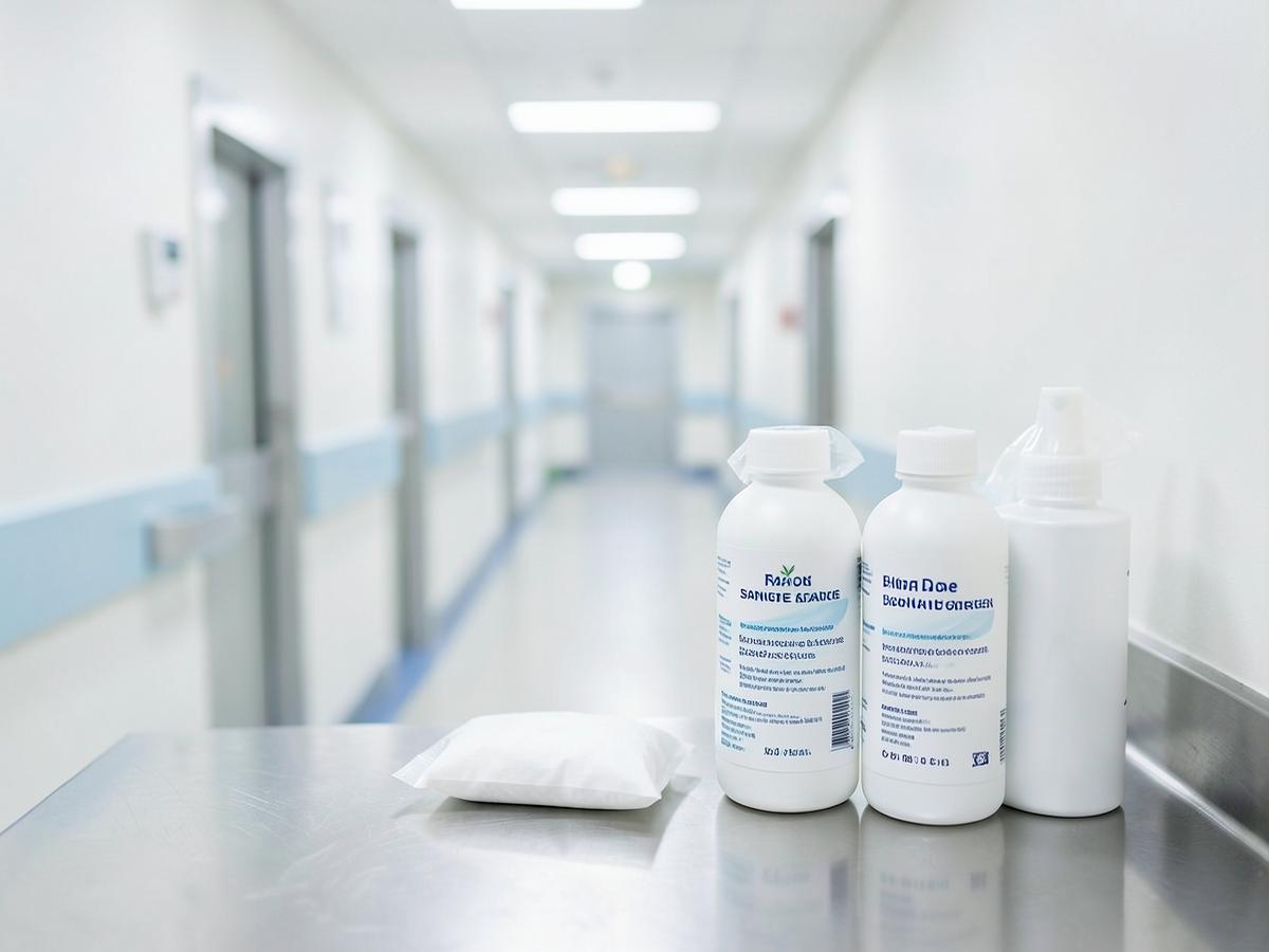 White medical disinfectant bottles and sealed wipes on a stainless counter in a hospital corridor