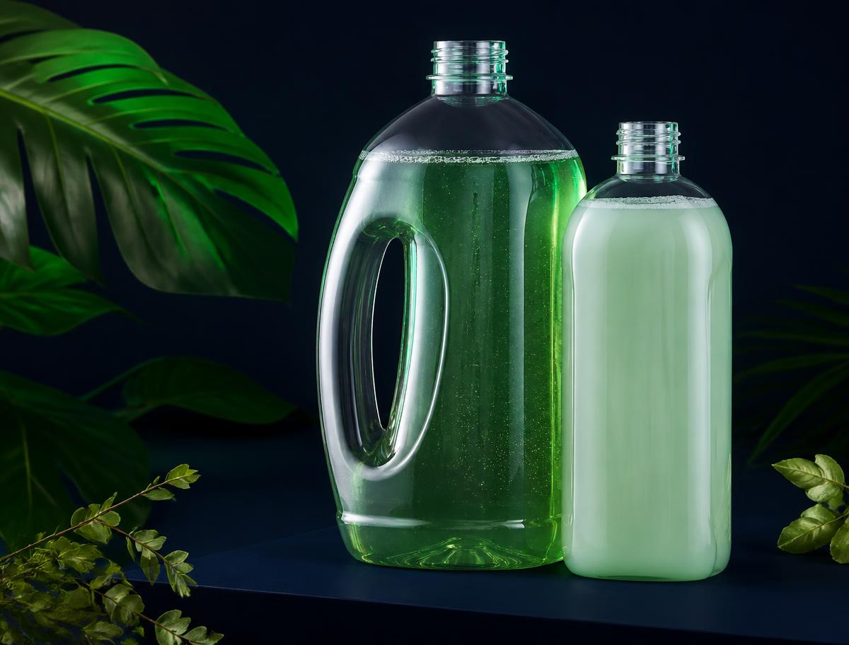 Green plant-derived liquid laundry detergent and fabric softener bottles