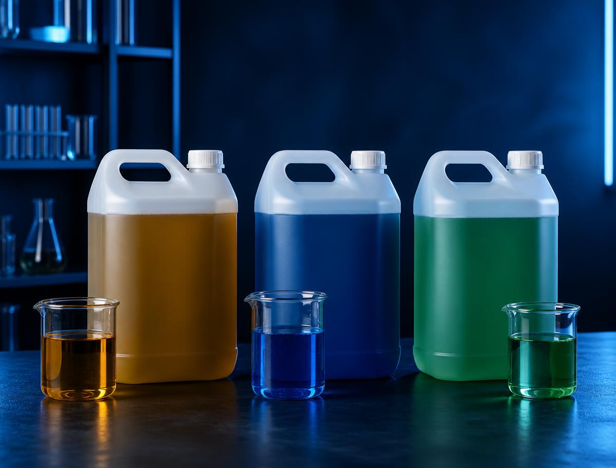 Jerrycans and beakers of amber, blue and green industrial cleaning chemical concentrates