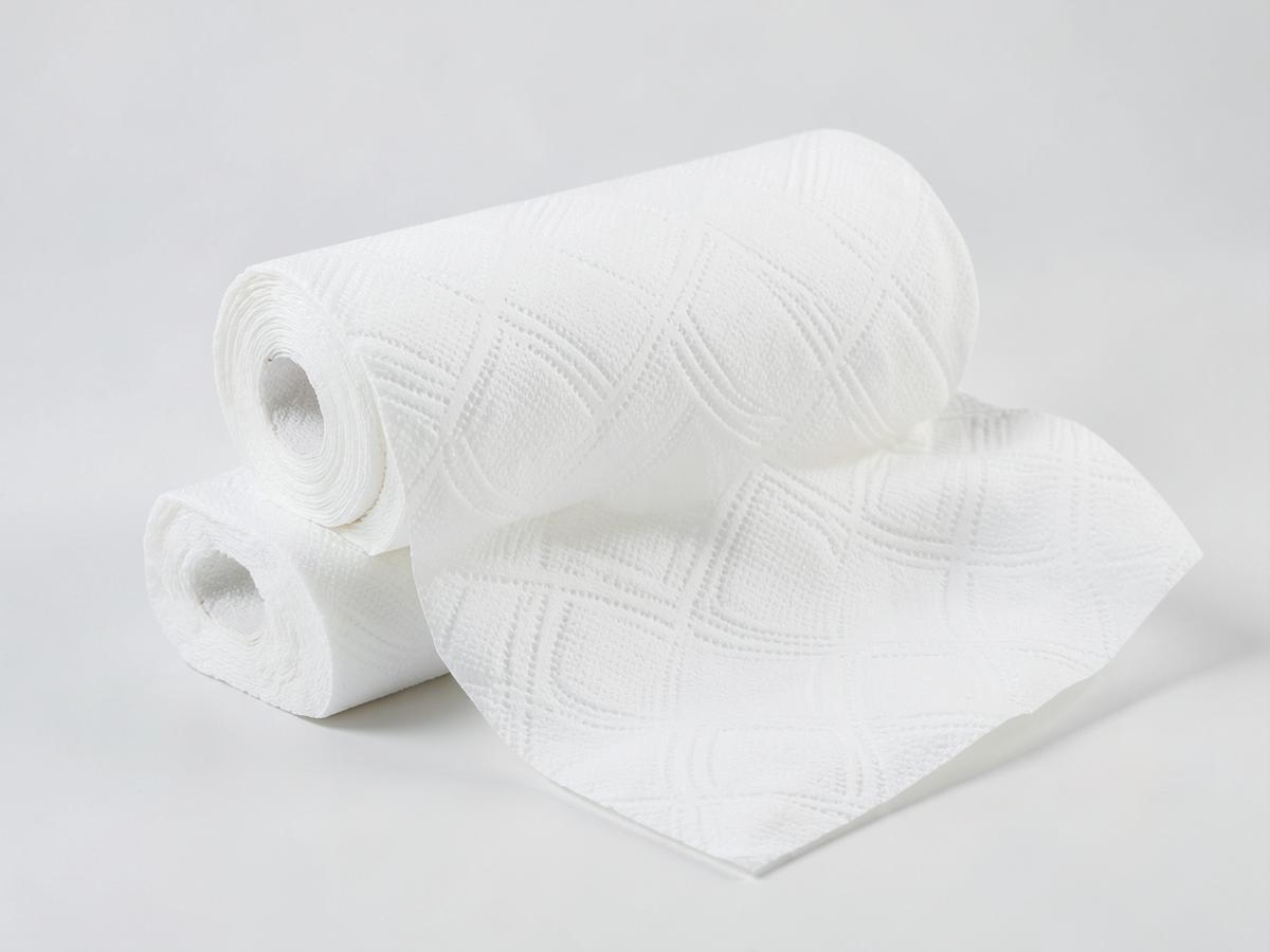 White embossed paper towel rolls, one partially unrolled