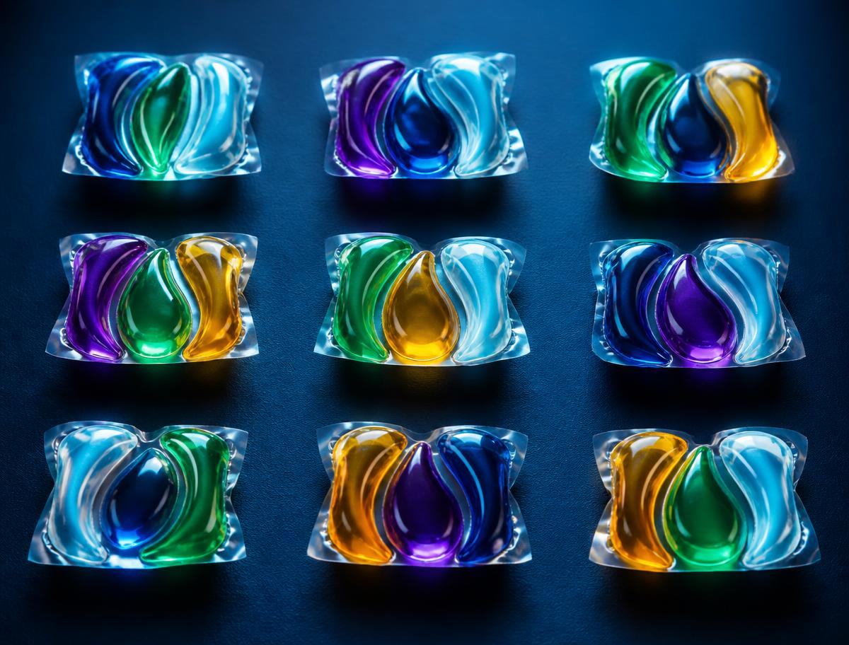 Multi-chamber laundry detergent pods in blue, green, purple and amber