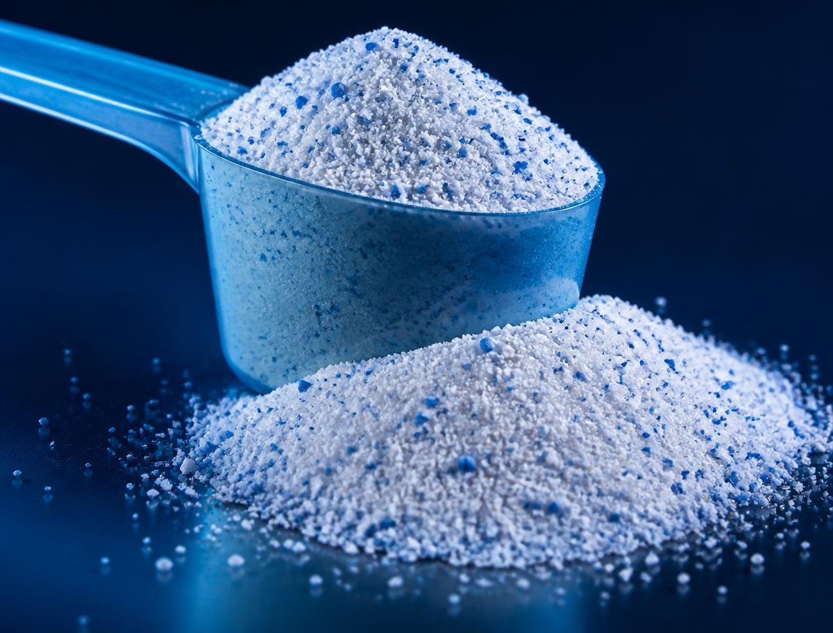 Blue-speckled laundry washing powder in a scoop