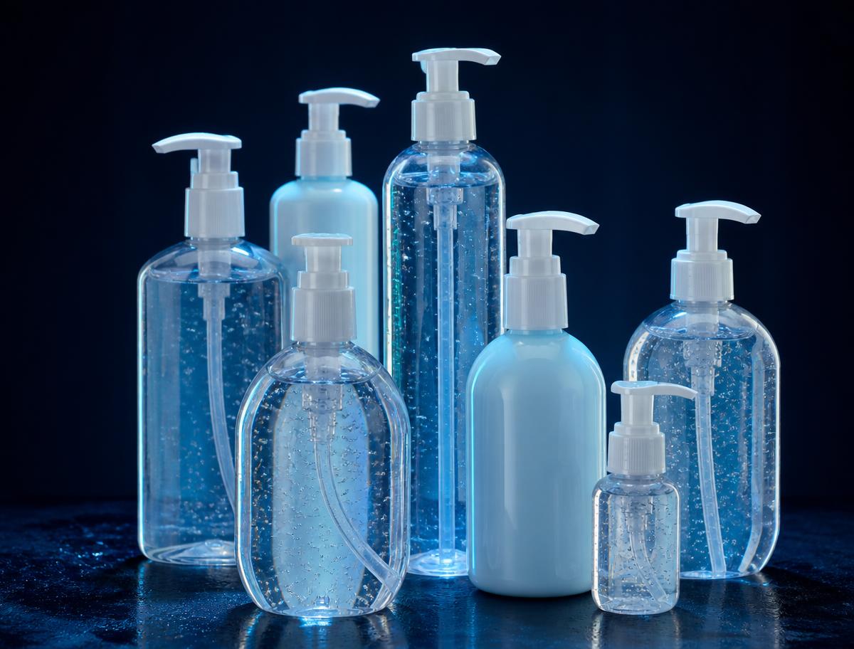 Range of clear gel hand sanitiser pump bottles in various sizes