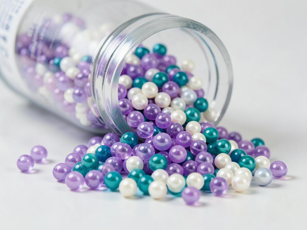 Purple, teal and pearl-white laundry scent booster beads spilling from a jar