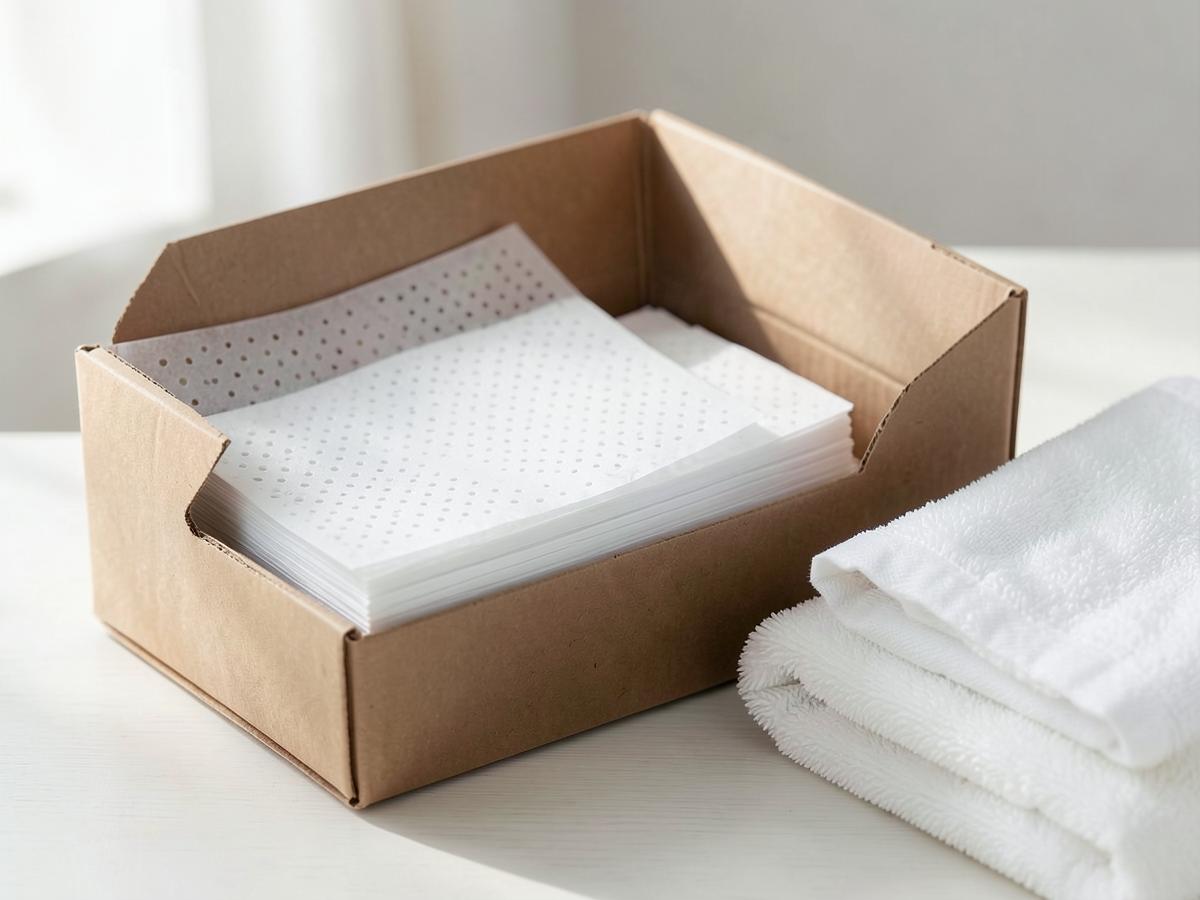 Dissolvable white laundry detergent sheets in a kraft paper box beside folded towels