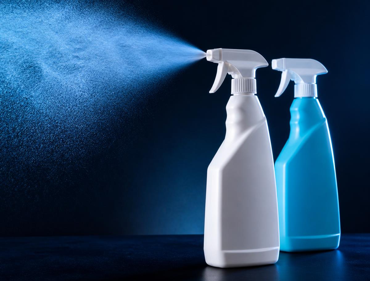 White and cyan trigger spray bottles dispensing surface disinfectant mist