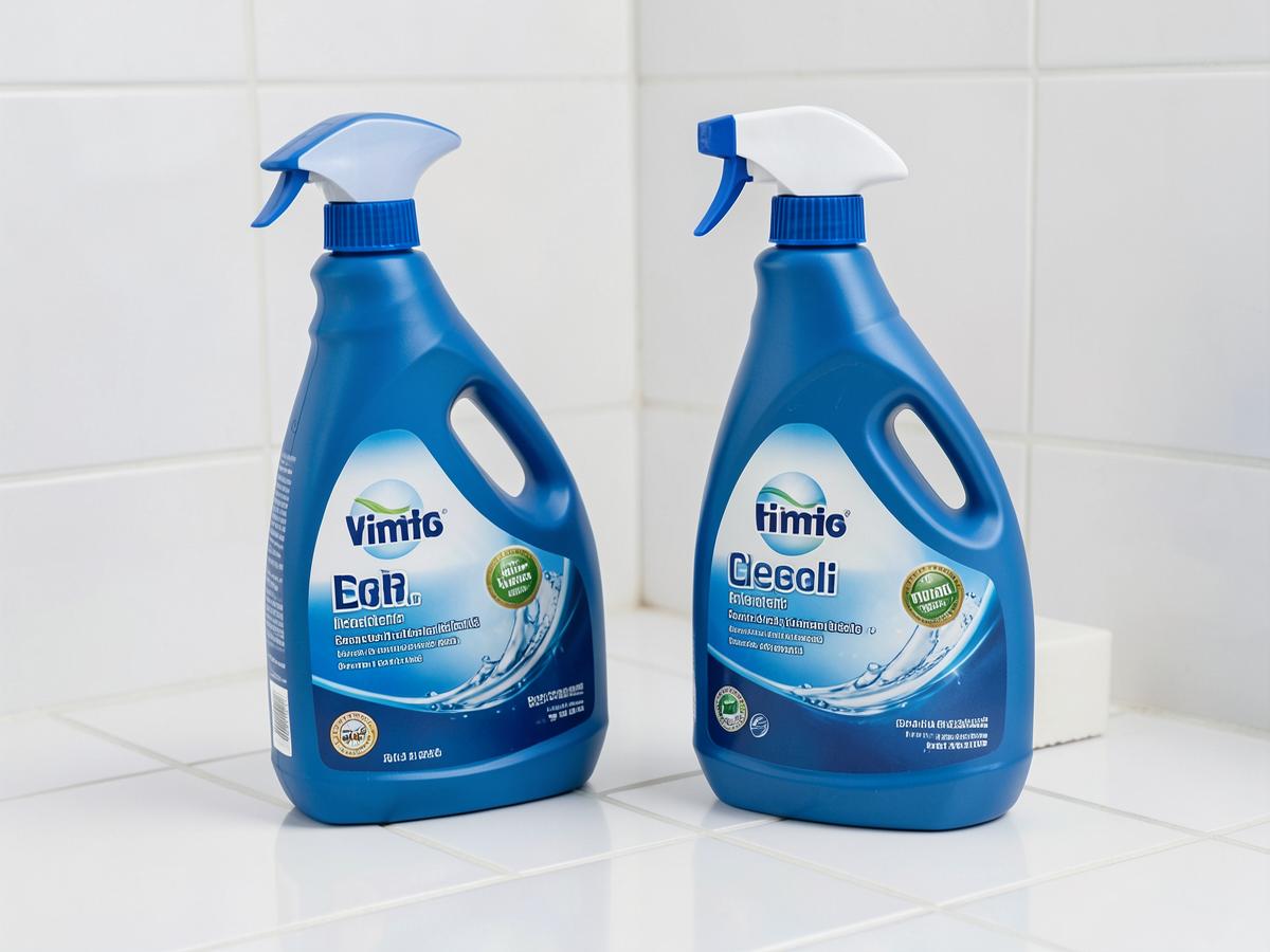 Blue toilet bowl cleaner bottles on white bathroom tiles
