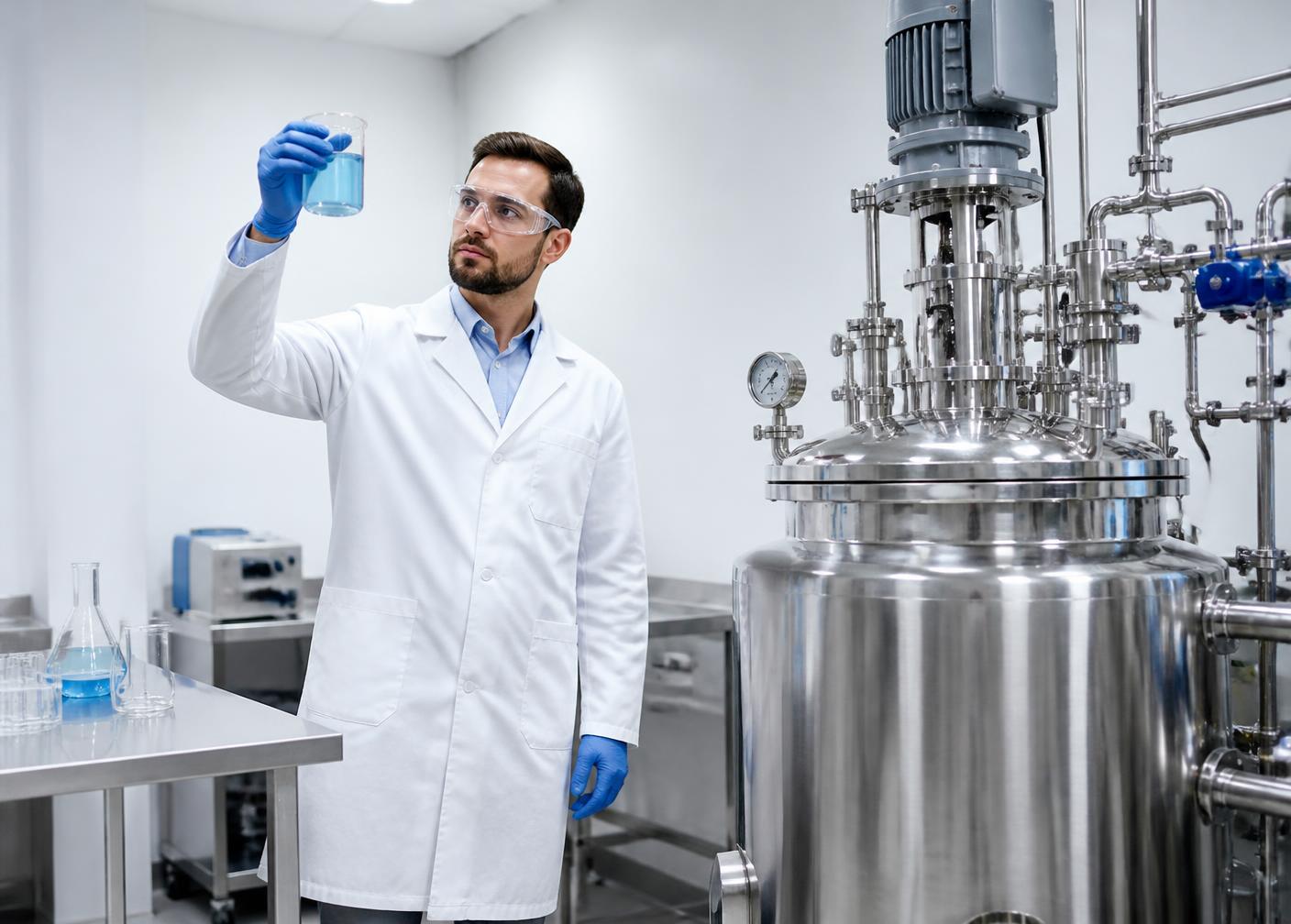 Chemist inspecting a beaker of blue surfactant solution in a laboratory