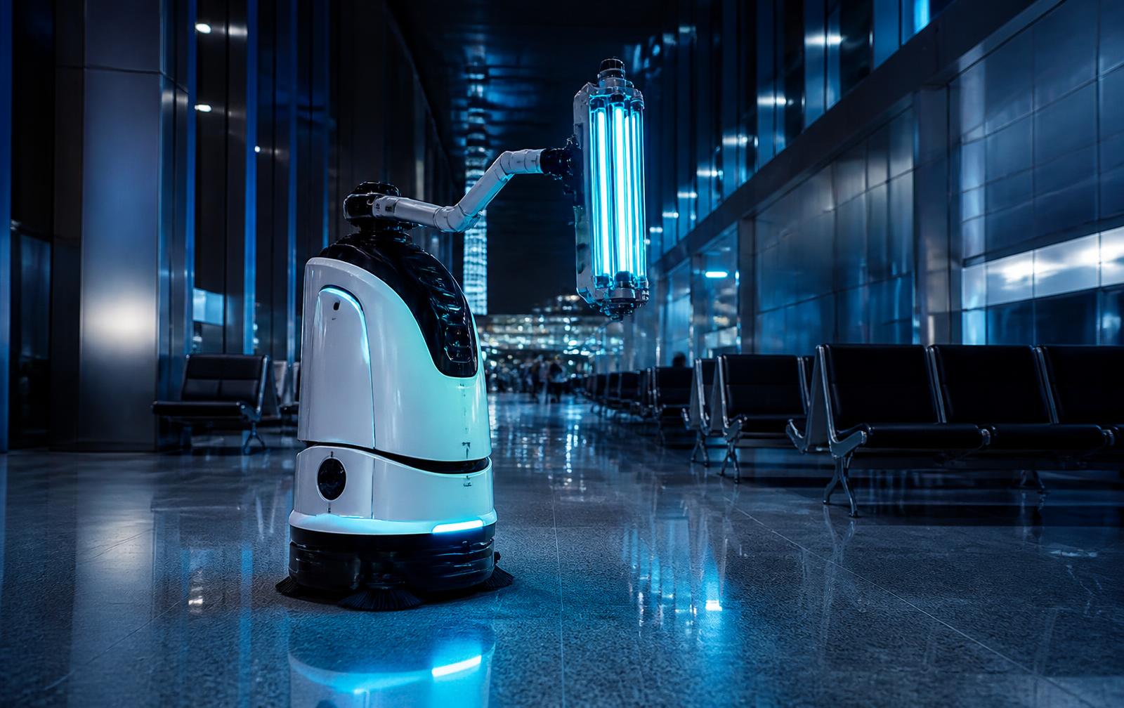 Autonomous cleaning and sanitisation robot with UV-C arm working on a polished terminal floor